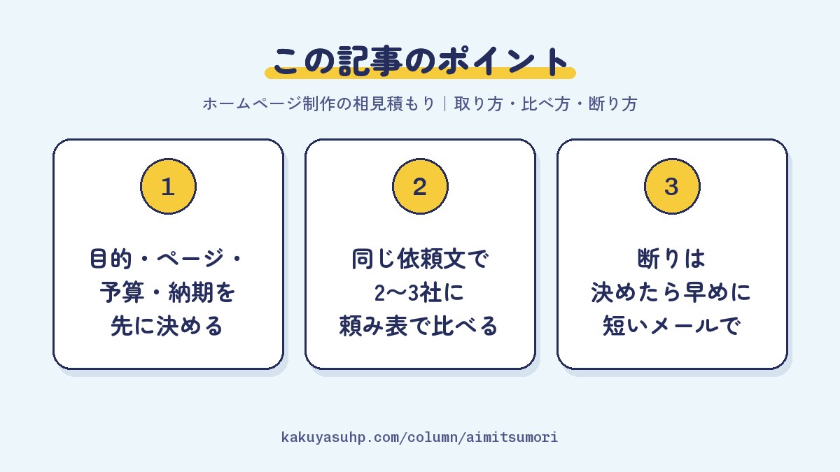 この記事のポイント：目的・ページ・予算・納期を先に決める／同じ依頼文で2〜3社に頼み表で比べる／断りは決めたら早めに短いメールで