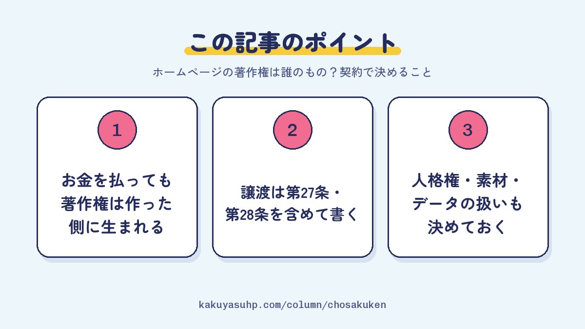 この記事のポイント:お金を払っても著作権は作った側に生まれる/譲渡は第27条・第28条を含めて書く/人格権・素材・データの扱いも決めておく