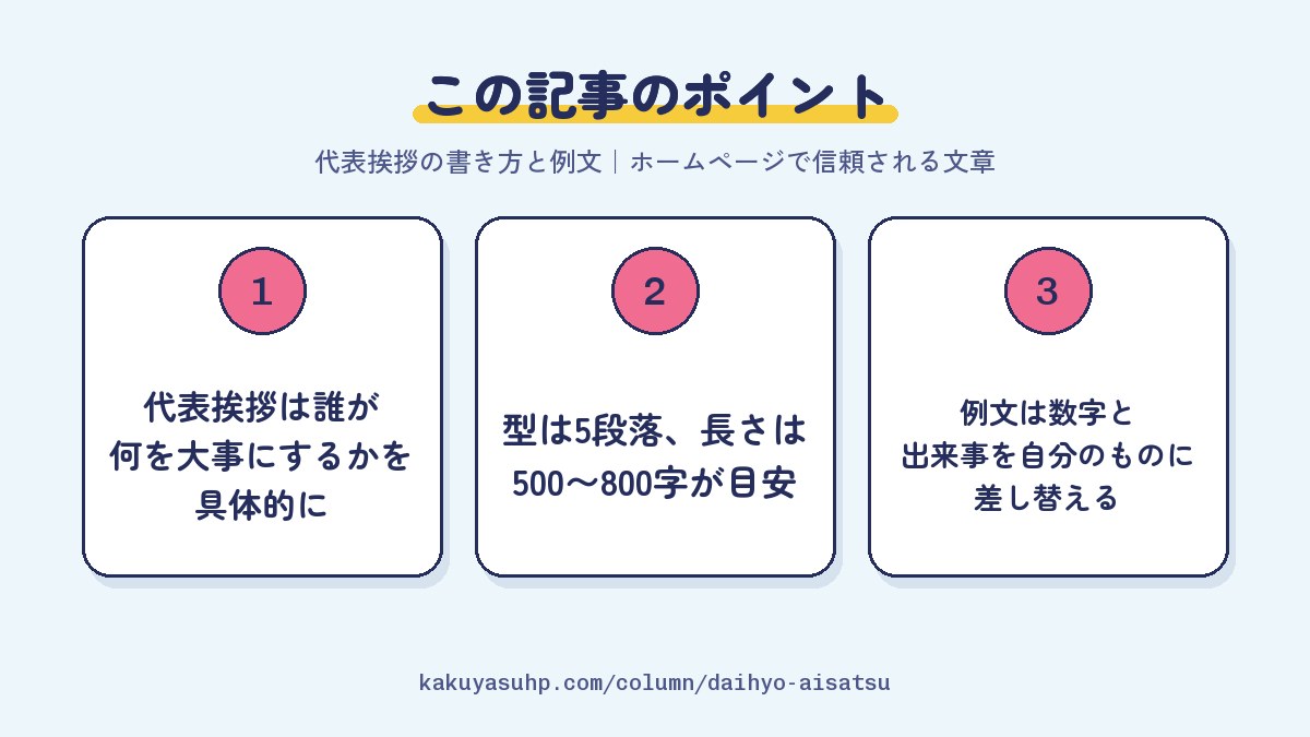 この記事のポイント：代表挨拶は誰が何を大事にするかを具体的に／型は5段落、長さは500〜800字が目安／例文は数字と出来事を自分のものに差し替える