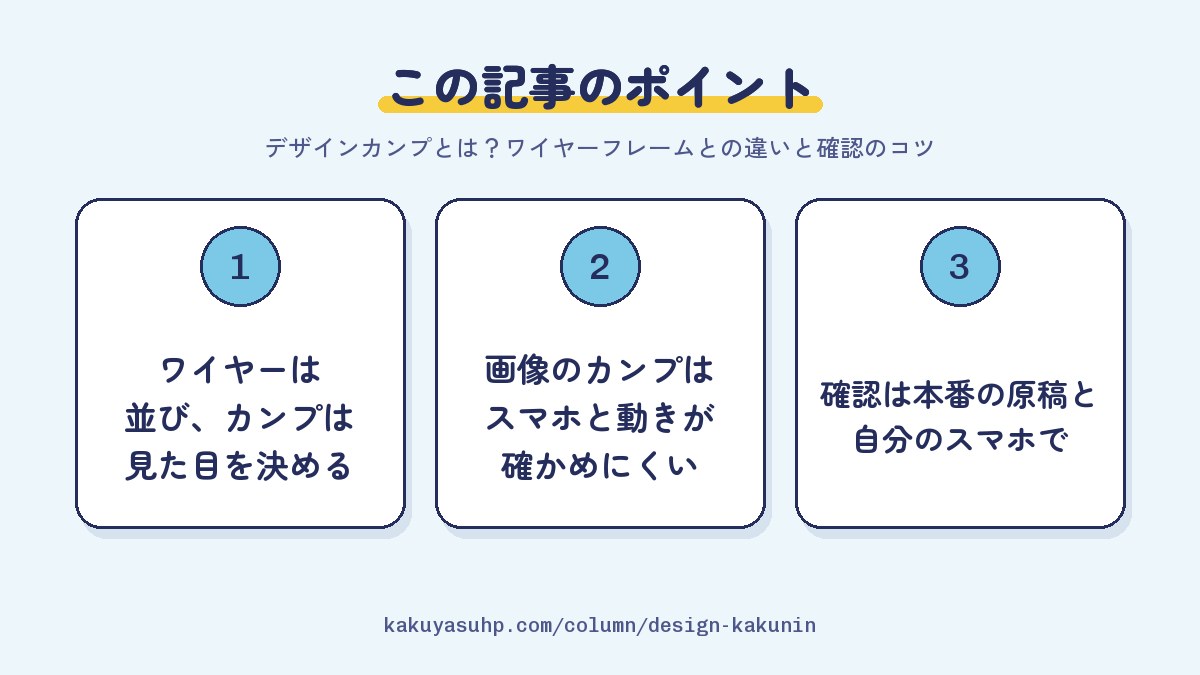 この記事のポイント:ワイヤーは並び、カンプは見た目を決める/画像のカンプはスマホと動きが確かめにくい/確認は本番の原稿と自分のスマホで