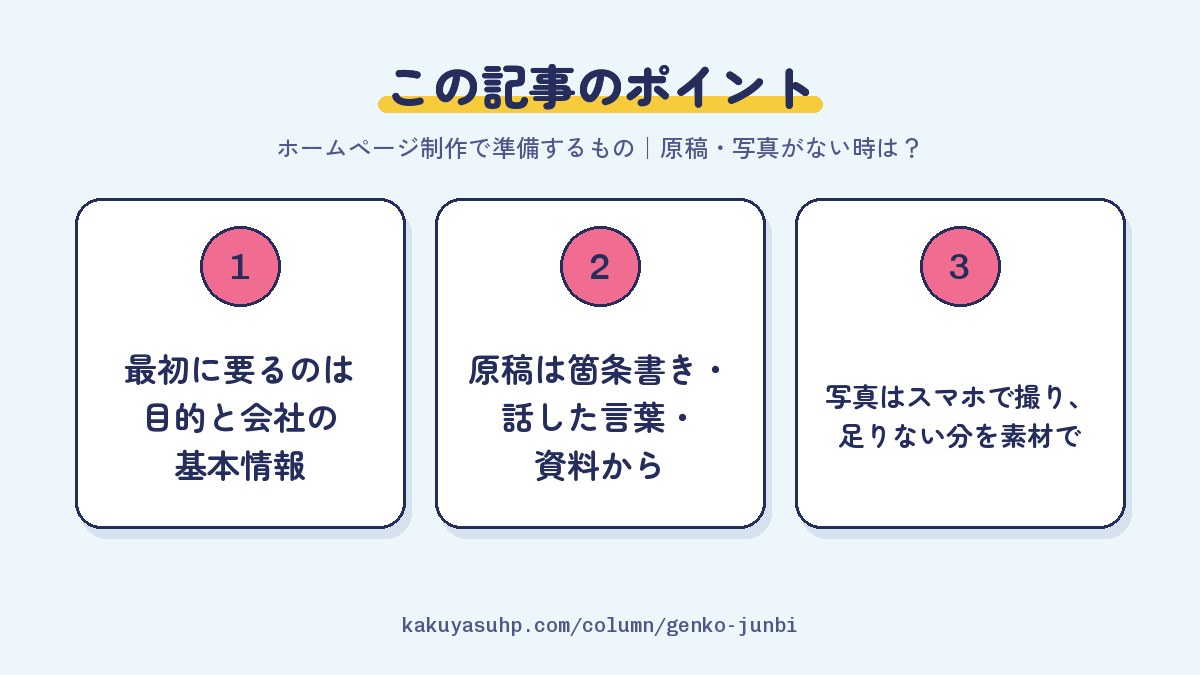 この記事のポイント：最初に要るのは目的と会社の基本情報／原稿は箇条書き・話した言葉・資料から／写真はスマホで撮り、足りない分を素材で