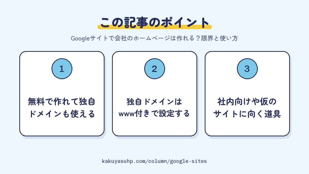 この記事のポイント：無料で作れて独自ドメインも使える／独自ドメインはwww付きで設定する／社内向けや仮のサイトに向く道具