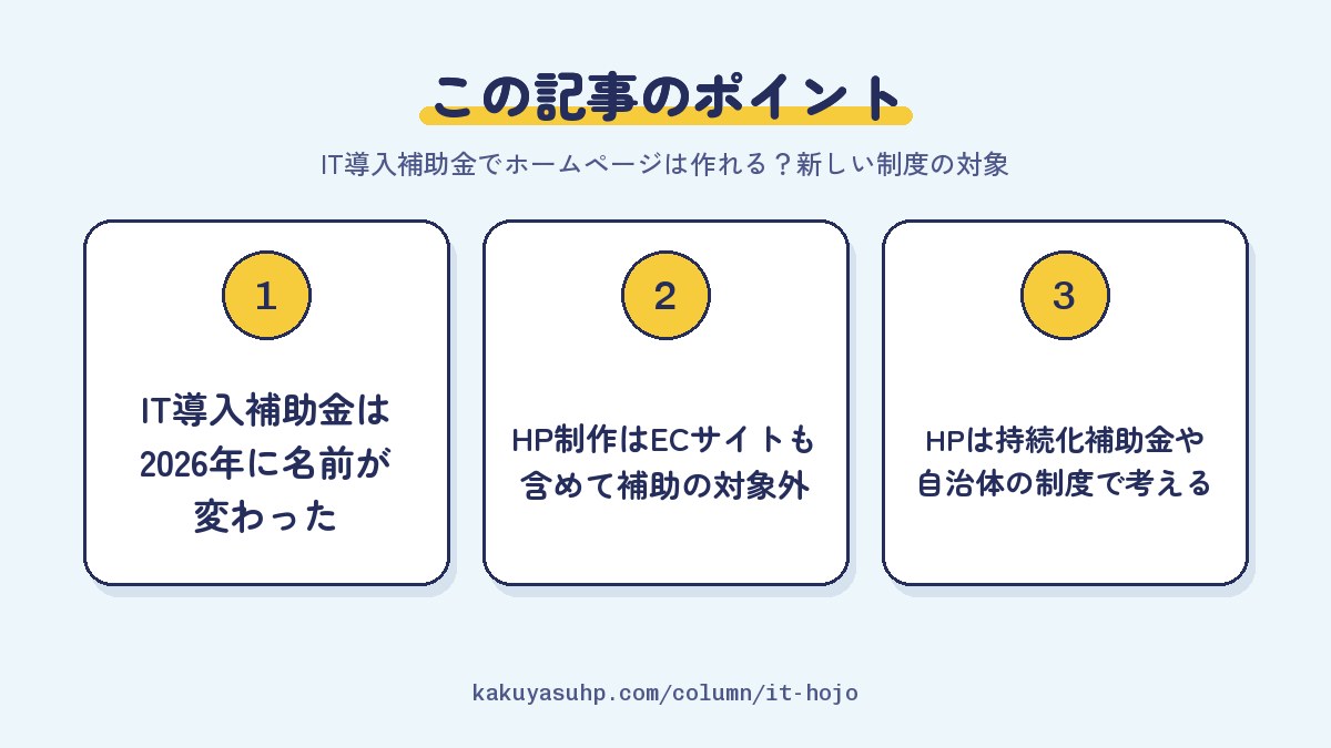 この記事のポイント：IT導入補助金は2026年に名前が変わった／HP制作はECサイトも含めて補助の対象外／HPは持続化補助金や自治体の制度で考える