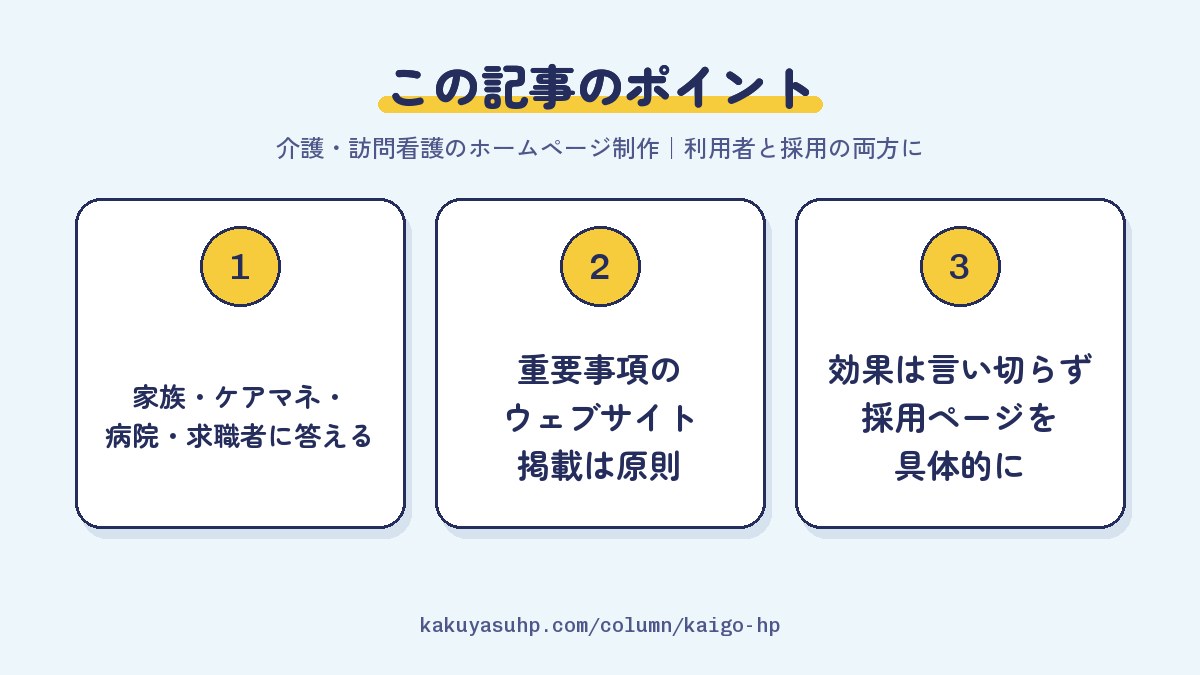 この記事のポイント:家族・ケアマネ・病院・求職者に答える/重要事項のウェブサイト掲載は原則/効果は言い切らず採用ページを具体的に