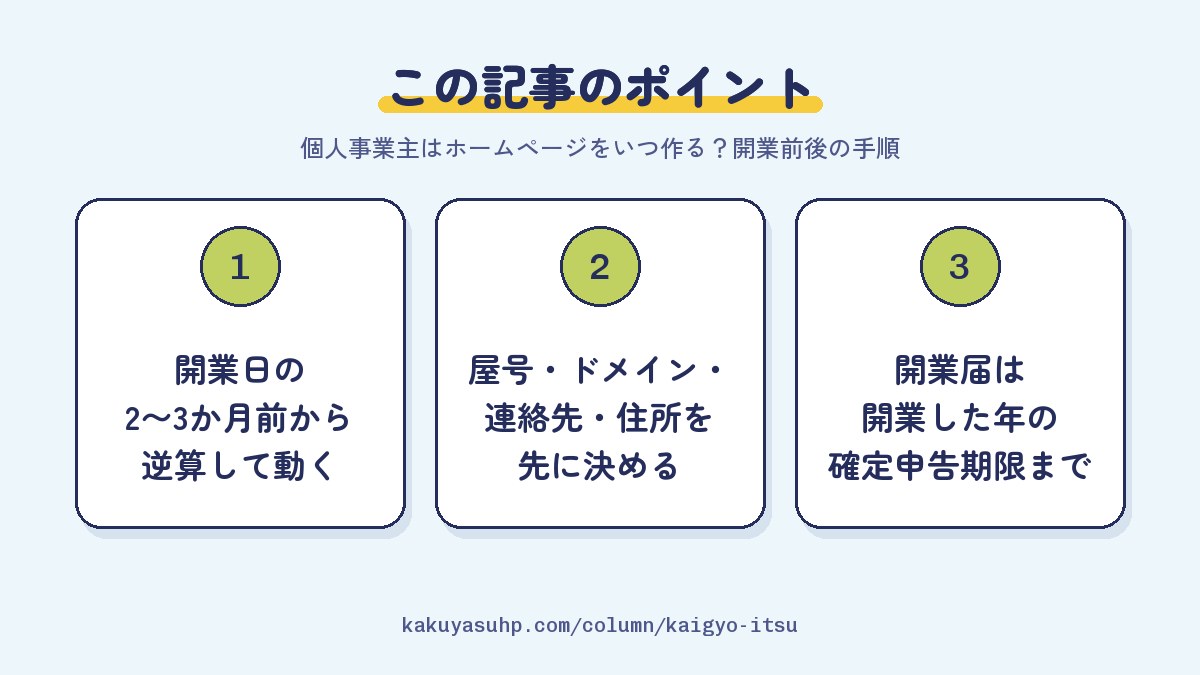 この記事のポイント：開業日の2〜3か月前から逆算して動く／屋号・ドメイン・連絡先・住所を先に決める／開業届は開業した年の確定申告期限まで