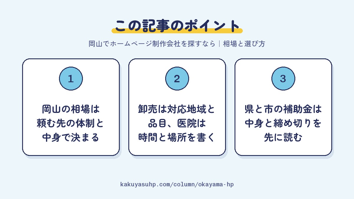 この記事のポイント:岡山の相場は頼む先の体制と中身で決まる/卸売は対応地域と品目、医院は時間と場所を書く/県と市の補助金は中身と締め切りを先に読む