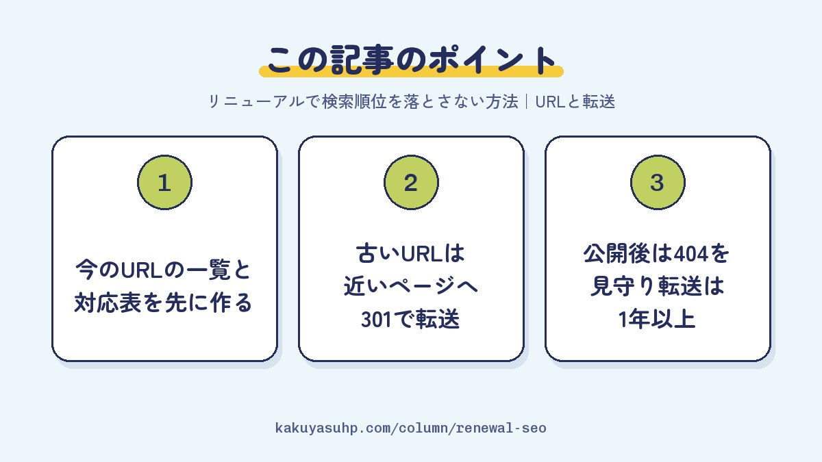 この記事のポイント:今のURLの一覧と対応表を先に作る/古いURLは近いページへ301で転送/公開後は404を見守り転送は1年以上