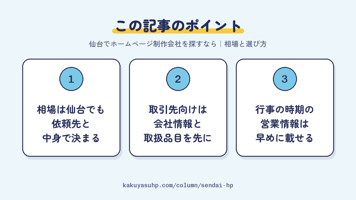 この記事のポイント：相場は仙台でも依頼先と中身で決まる／取引先向けは会社情報と取扱品目を先に／行事の時期の営業情報は早めに載せる