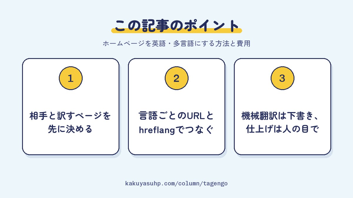 この記事のポイント：相手と訳すページを先に決める／言語ごとのURLとhreflangでつなぐ／機械翻訳は下書き、仕上げは人の目で