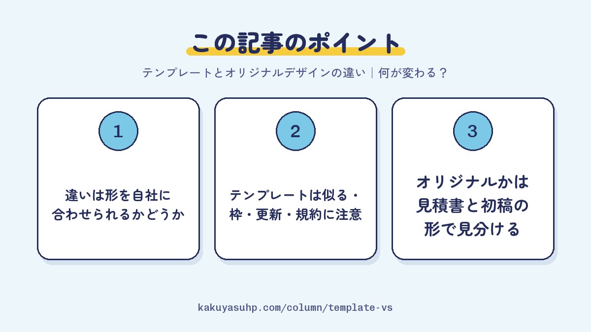 この記事のポイント：違いは形を自社に合わせられるかどうか／テンプレートは似る・枠・更新・規約に注意／オリジナルかは見積書と初稿の形で見分ける