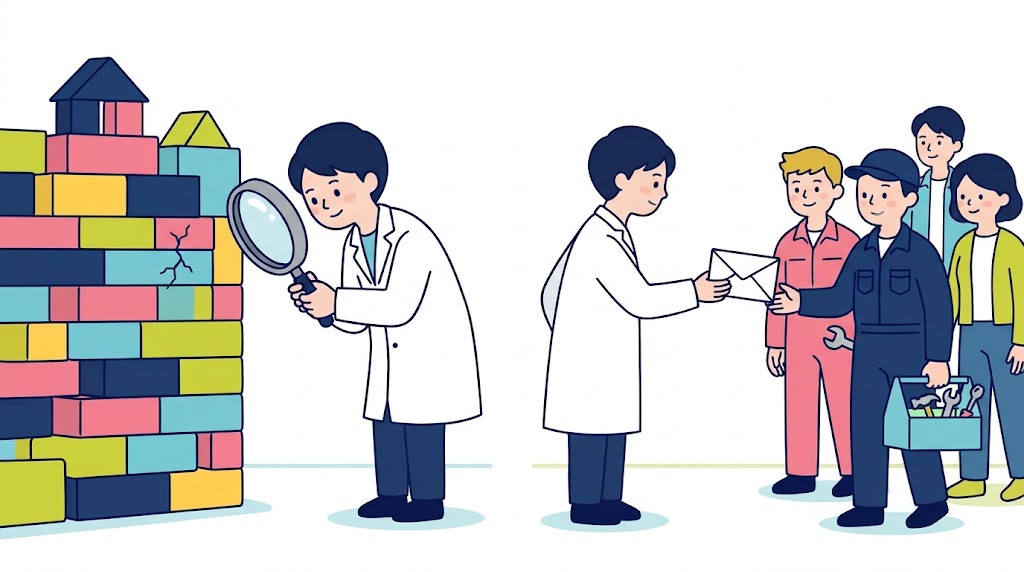 研究者が虫めがねで積み木の壁のひびを見つけ、封をした手紙を工具箱を持った開発チームに手渡しているイラスト