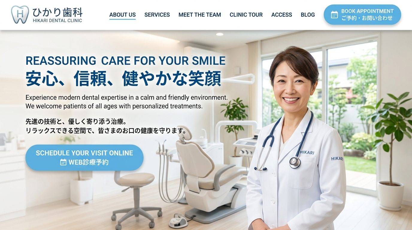 歯科・クリニックのホームページ デザインイメージ — 清潔感と安心感のあるやさしい構成