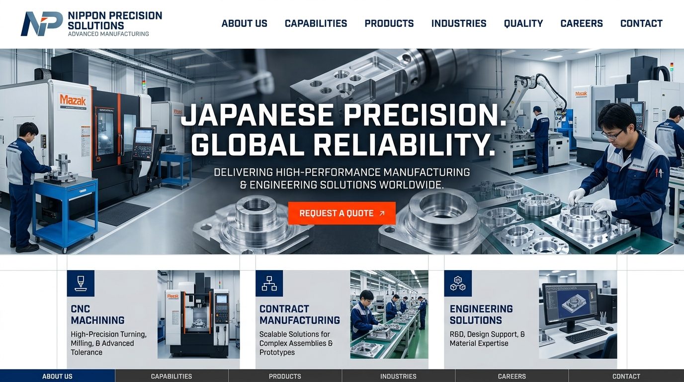 製造業・BtoB企業のホームページ デザインイメージ — 技術力を力強く見せる構成