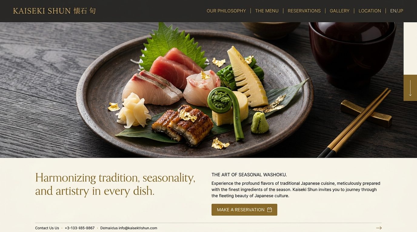 和食レストランのホームページ デザインイメージ — 料理写真を主役にした高級感のある構成