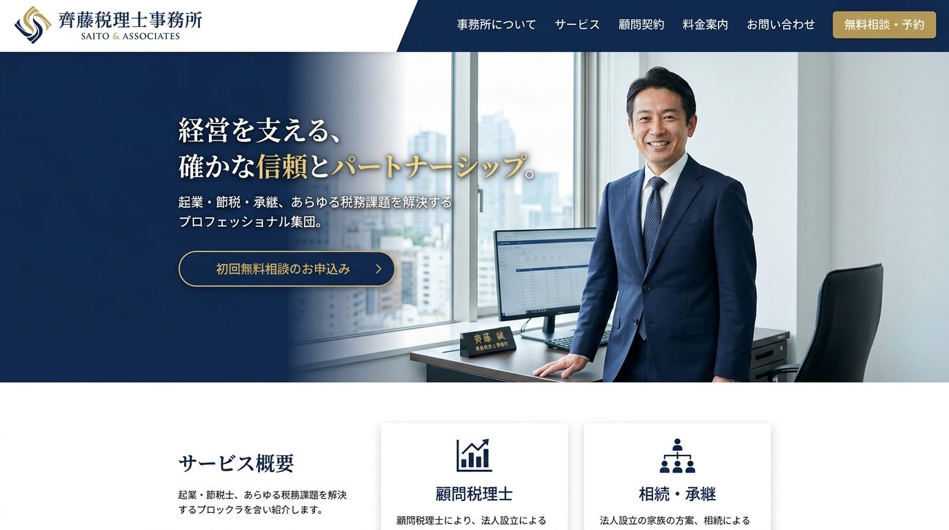 税理士・士業のホームページ デザインイメージ — 信頼と専門性を伝える落ち着いた構成